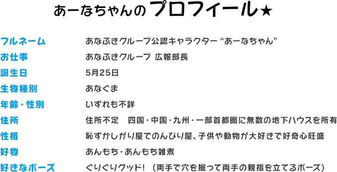 あーなちゃんのプロフィール★　フルネーム：あなぶきグループ公認キャラクター“あーなちゃん”、お仕事：あなぶきグループ 広報部長、誕生日：5月25日、生物種別：あなぐま、年齢・性別：いずれも不詳、住所：住所不定 四国・中国・九州・一部首都圏に無数の地下ハウスを所有、性格：恥ずかしがり屋でのんびり屋、子供や動物が大好きで好奇心旺盛、好物：あんもち・あんもち雑煮、好きなポーズ：ぐりぐりグッド!  (両手で穴を掘って両手の親指を立てるポーズ)