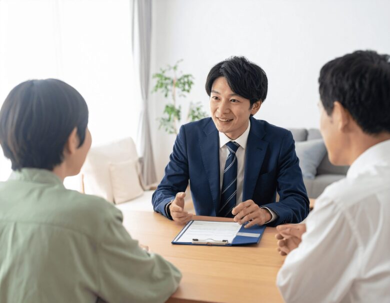 スーツを着た男性が夫婦に説明をしている様子