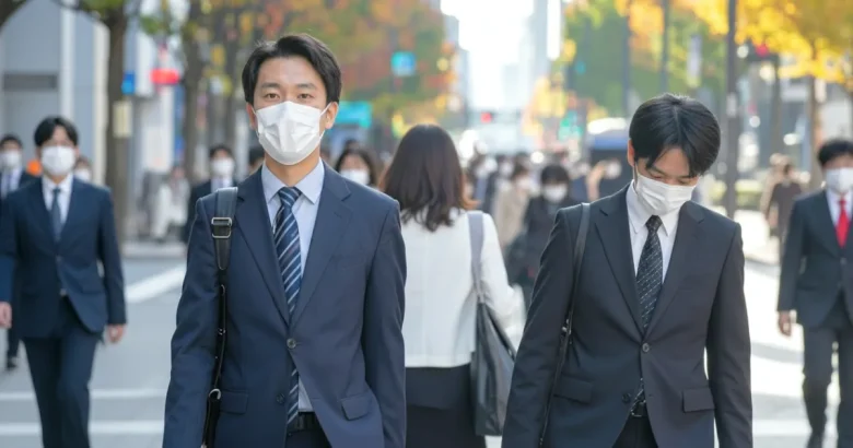 マスクをつけたビジネスマンが出勤している街中の様子