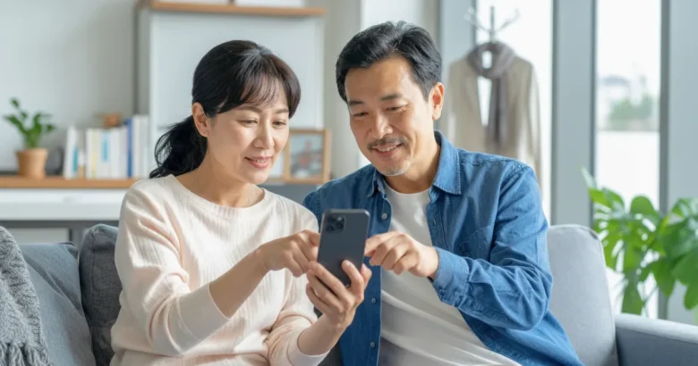 リビングで一緒にスマートフォンを見ている夫婦