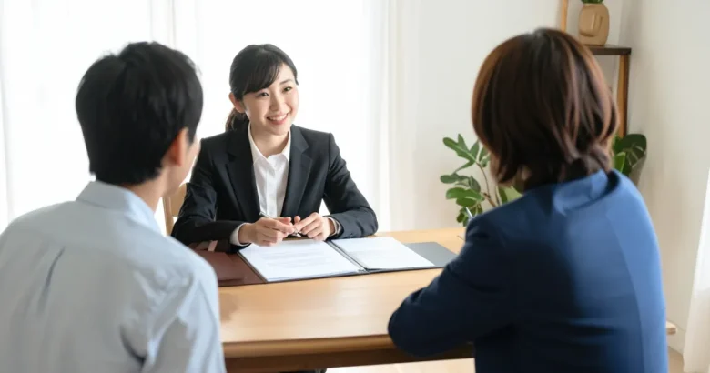 夫婦に説明しているスーツを着た女性