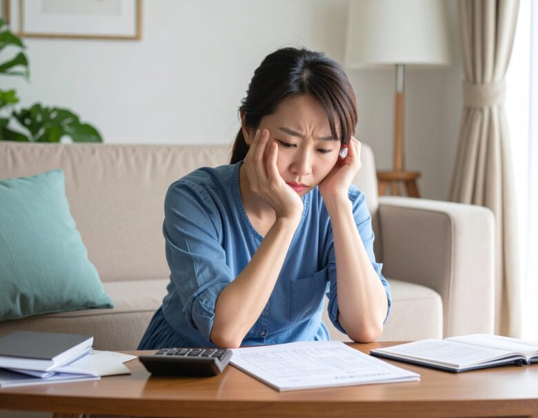 リビングで家計簿を見ながら悩んでいる主婦