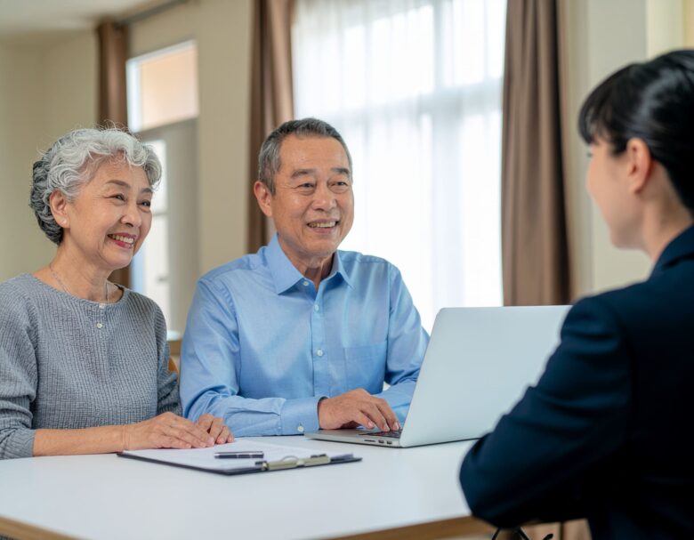 60代夫婦が営業担当者と面談している様子
