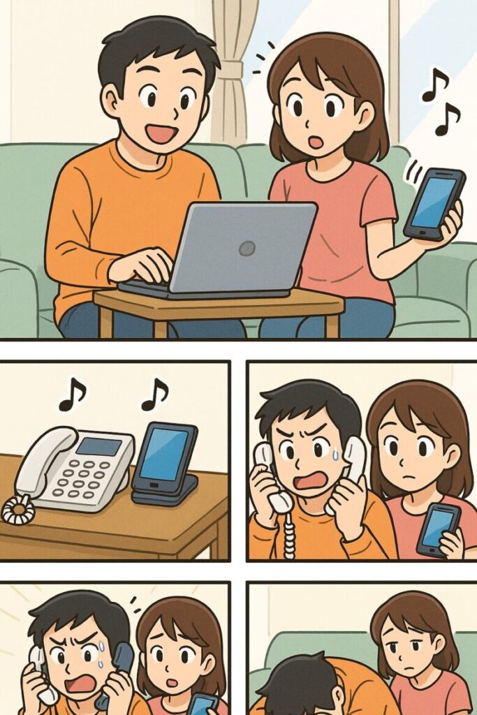 自宅ソファで不動産一括査定を依頼した直後、電話が鳴り止まず対応に追われる夫婦の4コマ漫画。1) 夫がノートPCで依頼完了し妻もスマホを手に微笑む 2) 固定電話とスマホが一斉に鳴り始める 3) 夫が受話器とスマホを両手に慌て、妻も戸惑いながらサポート 4) 夫が疲れ果ててソファに突っ伏し妻が心配そうに見守る