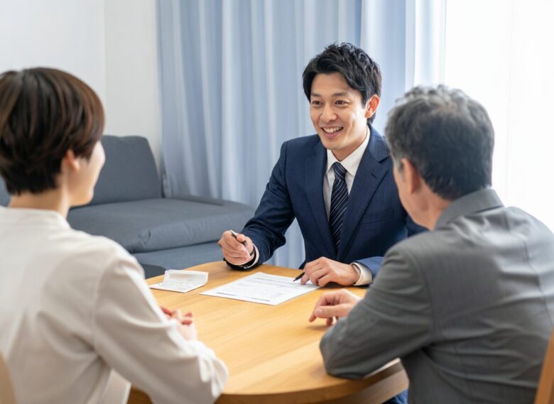 家の中で営業マンが夫婦に説明をしている様子