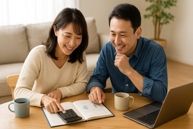 : 明るいリビングで丸い木製テーブルに向かい、家計簿ノートと電卓を使って家計シミュレーションをする日本人夫婦。クリーム色セーターの妻が電卓を押し、デニムシャツの夫がノートを指差しながら笑顔で話し合い、横にはノートパソコンとマグカップが置かれている。