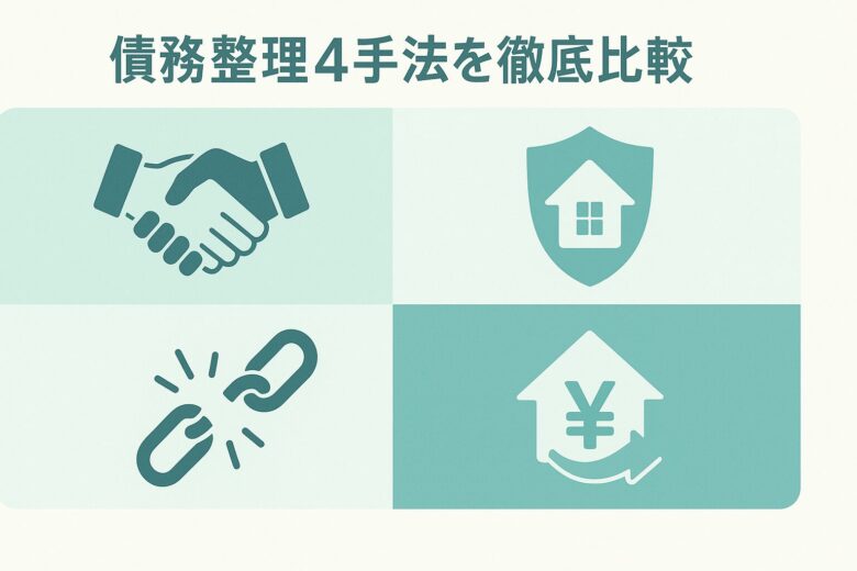債務整理4手法を徹底解説というテキストと4つのグラフィックイメージ