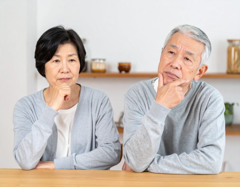 悩みを抱えている60代夫婦が家の中で二人で考え事をしている