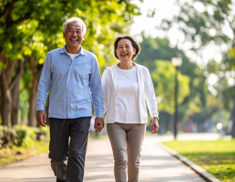 50代日本人夫婦が笑いあいながら公園を散歩している。初夏の爽やかな天気。膝から上