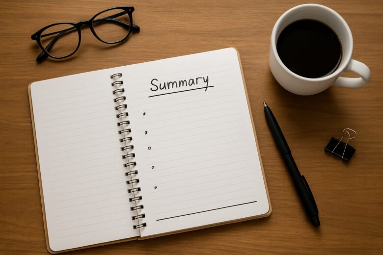 木目のデスクに開いたノートの「Summary」ページとペン、コーヒー、眼鏡などを配置し、整理整頓された“締めくくり”の雰囲気を演出