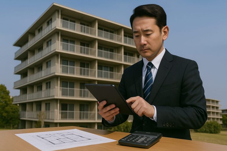 マンションを背にしたスーツ姿の不動産査定士が屋外の机でタブレットと図面、電卓を使いマンションの価値を評価している写真
