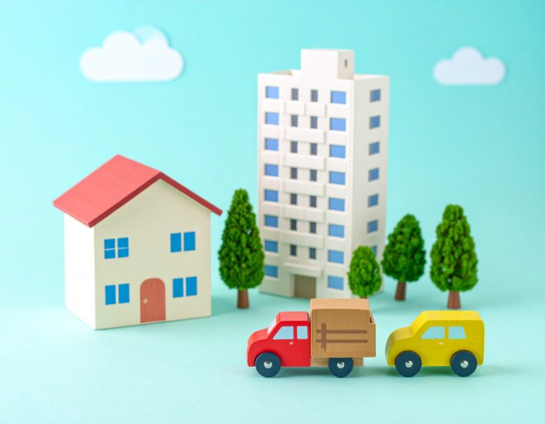 明るい昼間の風景。かわいいミニチュアの置物でできた一戸建ての家と、高層マンションの置物が描かれている。一戸建ての前から小さな引っ越しトラックの置物が出発している