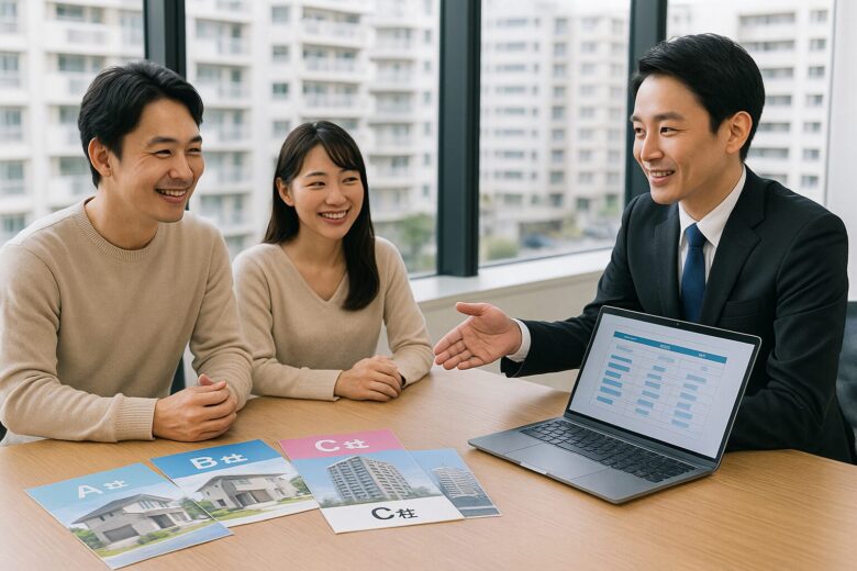 窓越しにマンションが見える明るいオフィスで、夫婦が複数社の資料を見比べながら不動産会社の担当者と相談している