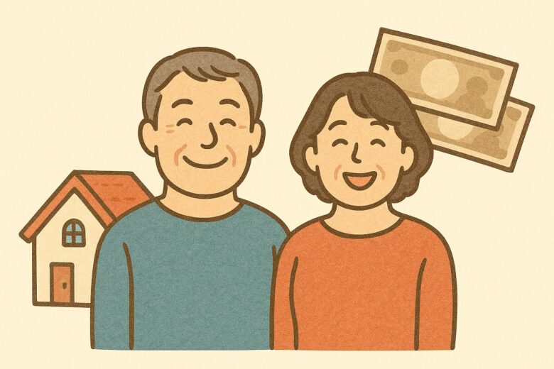 家とお金のイラストと一緒にほほ笑む、50代夫婦のイラスト。家計に対する安心感を連想させるようなイラスト