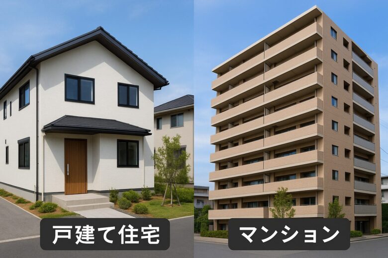 左右に並ぶ比較写真。左側は白い2階建て戸建て住宅、右側は8階建てのベージュ色マンションで、下部にそれぞれ『戸建て住宅』『マンション』とラベルが入っている