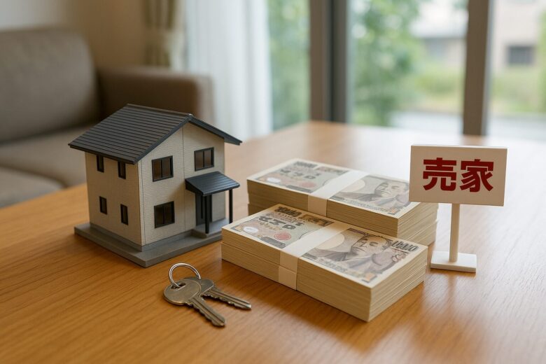 木製テーブルの上に置かれた戸建て模型と1万円札の束、売家の立て札と家の鍵