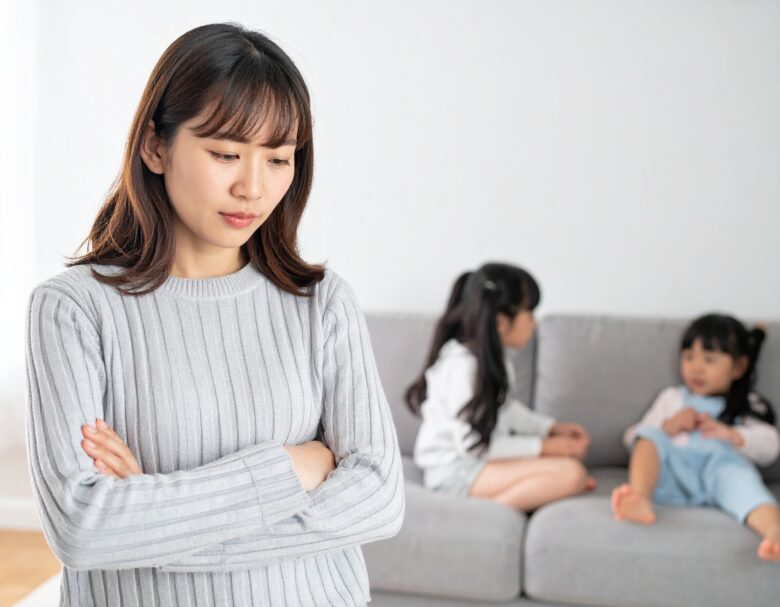 家の中でうつむいて考え事をする日本人のお母さんが立っている。背景にはソファの上で遊んでいる二人の子どもが見える