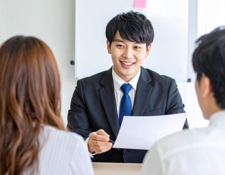 スーツを着た若い日本人男性と日本人夫婦が、向かい合って座っている。スーツを着た男性が手元に資料を置きながら笑顔で夫婦に説明をしている。手前に夫婦の後ろ姿がみえ、焦点はスーツの男性の顔。