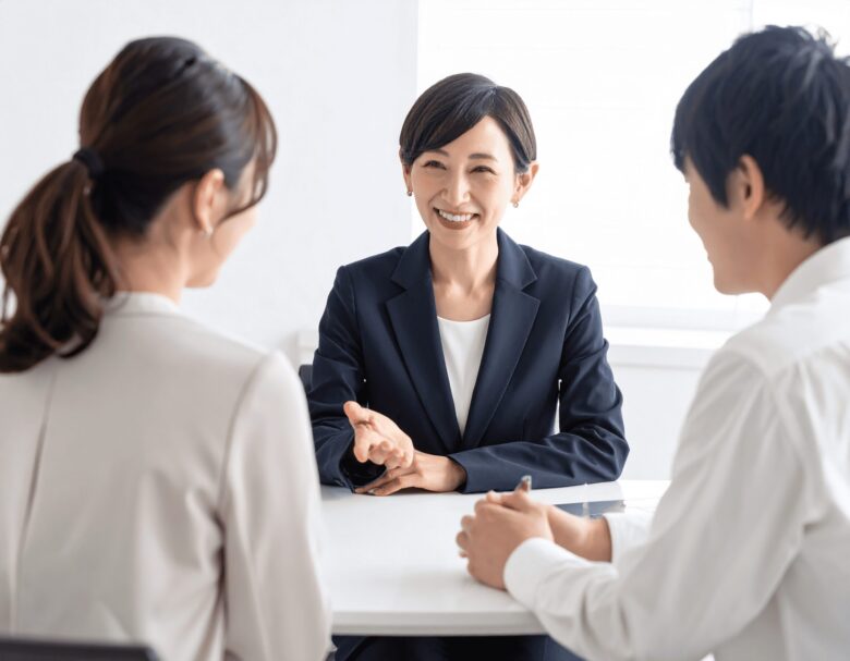 スーツを着た女性が夫婦に説明をしている様子