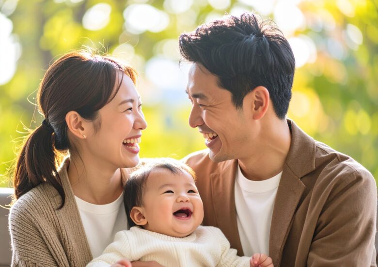 夫婦が赤ちゃんを抱えて幸せそうに笑いあっている
