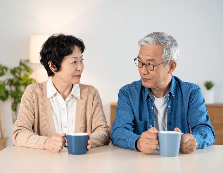 シニア夫婦がリビングでくつろぎながら見つめあっている。手にはマグカップを持っている。