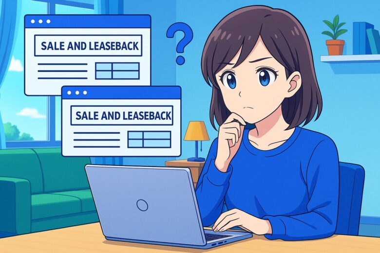 自宅のリビングで、若い女性がノートパソコンを使いながらリースバック会社を比較している様子を描いたアニメ風のイラストです。画面には2社の情報が表示され、中央には大きな疑問符が浮かび、どの会社を選ぶべきか悩んでいる様子が伝わります。全体は寒色系でまとめられ、色彩は鮮やかに描かれています。
