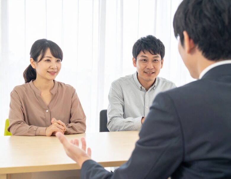 スーツを着た男性の説明を真剣に聞いている夫婦