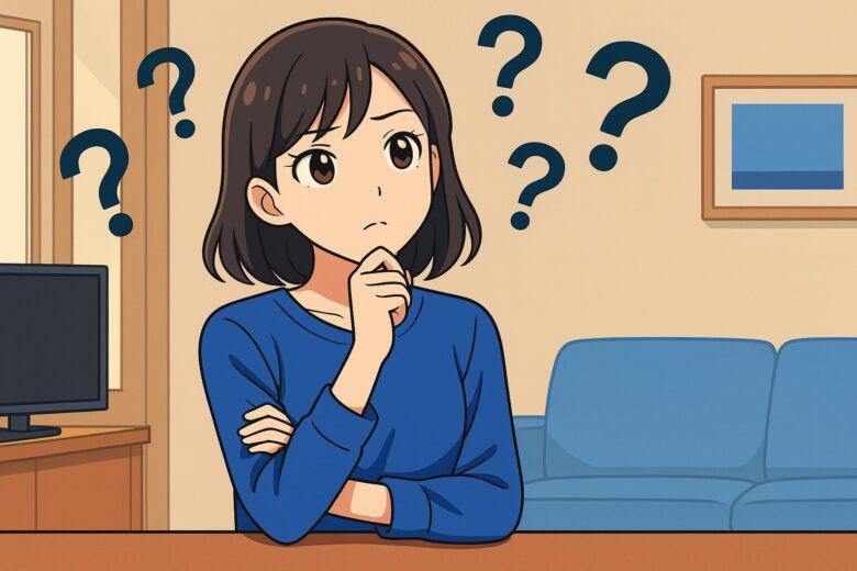 リビングルームで腕を組みながら斜め上を見つめ、リースバックについて考え事をしているアニメ風の若い女性のイラスト。頭上には複数のクエスチョンマークが浮かび、背景にはテレビやソファ、絵画が配置された自然な色合いの室内が描かれている。