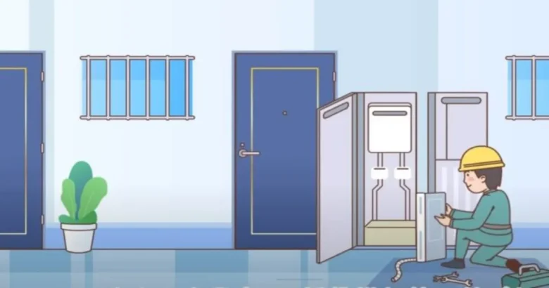 マンションで給湯器の修繕をしている人