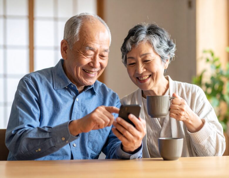 高齢夫婦が自宅で携帯電話を一緒に見ながら、コーヒーを片手に話し合っている。その表情は明るい。