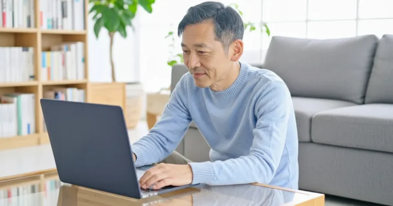 ノートパソコンを操作する中年男性