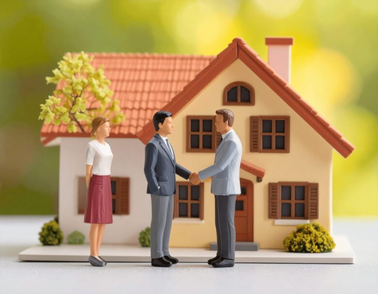 不動産の置物の前で握手する夫婦の人形とビジネスマンの人形
