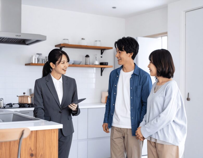 内覧の様子。女性営業マンが夫婦にキッチン設備の説明をしている。