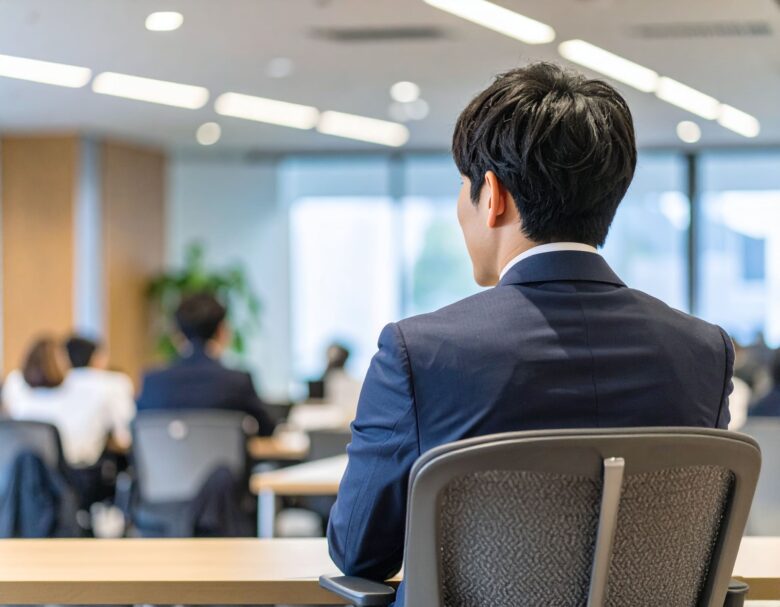 オフィスを背景にスーツを着た男性が座っている後ろ姿