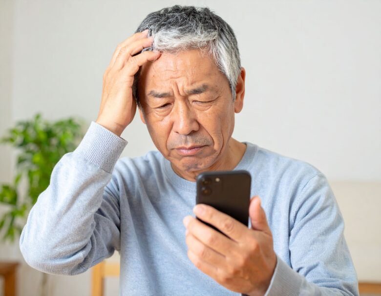 携帯電話を見て頭を抱える男性