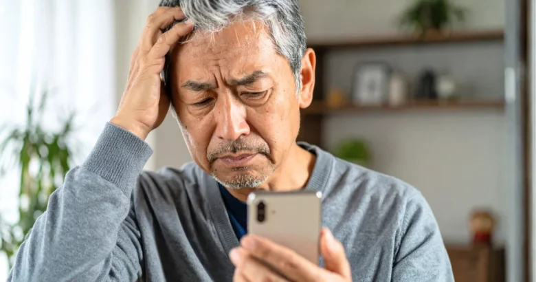 携帯電話を見て頭を抱える男性