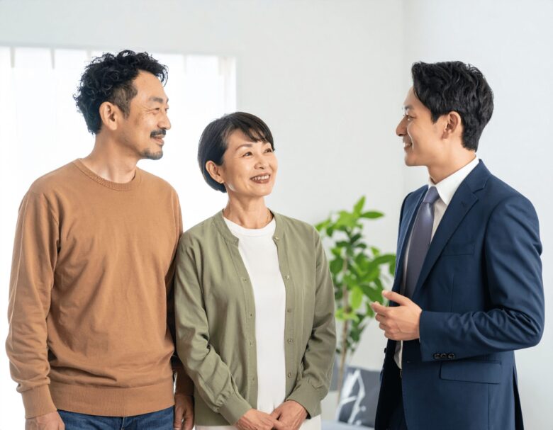 スーツを着た男性の説明を聞く夫婦