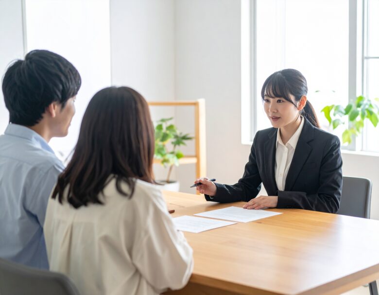 女性営業担当者の説明を聞いている夫婦