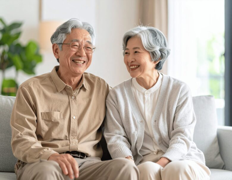 幸せそうに家の中で会話している60代夫婦