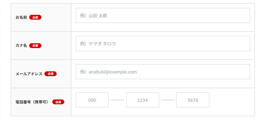 個人情報入力項目