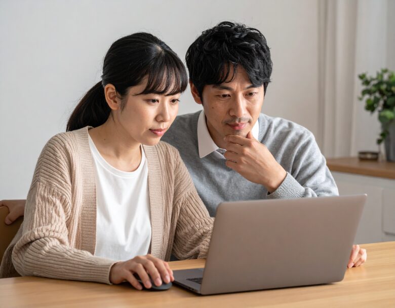 ひとつのパソコンを真剣な表情で一緒に見ている夫婦