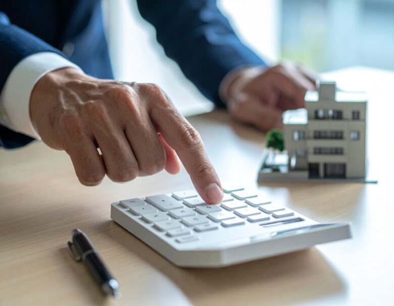マンションの置物と電卓を打つ営業マンの手元