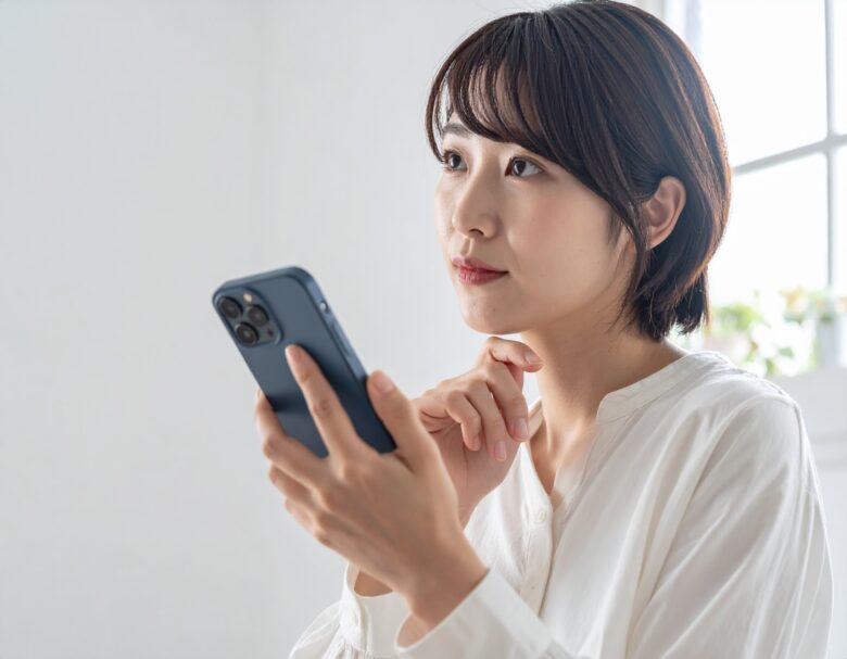 携帯電話を片手に考えている女性