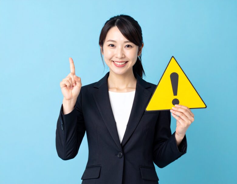 スーツを着た女性がポイントと注意点を説明している