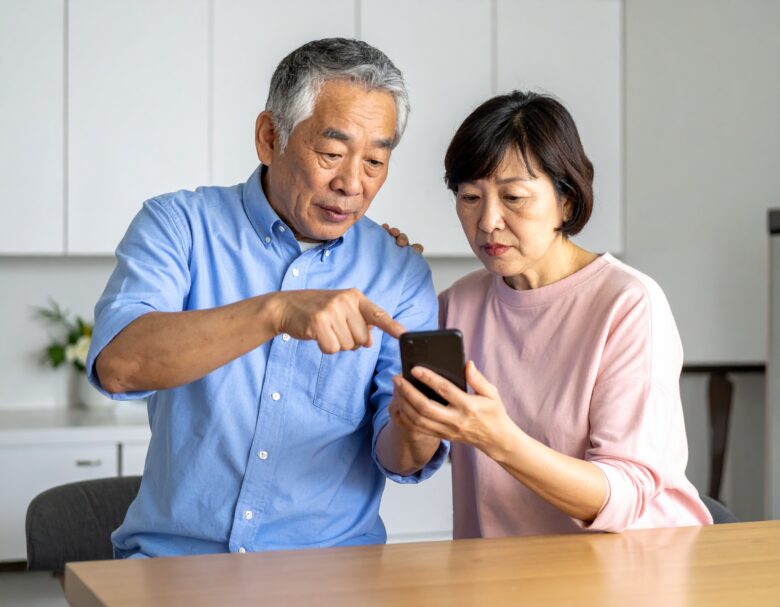 鳴っている携帯電話を不安そうに見つめる夫婦