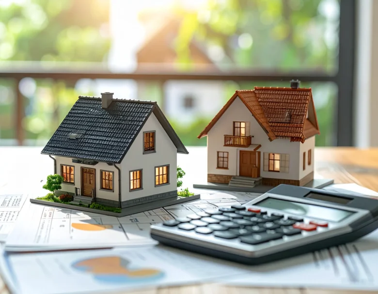 家の模型と電卓が机のうえに置かれている様子