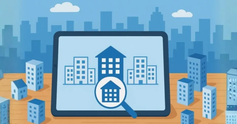 マンション特化の不動産一括査定をイメージしたイラスト。木目のテーブル上に置かれたタブレットの画面に4棟のマンションアイコンが並び、虫眼鏡で中央のマンションを拡大。タブレット周囲には青系トーンのマンション模型が立ち、背景にビル群のシルエットが淡く描かれている