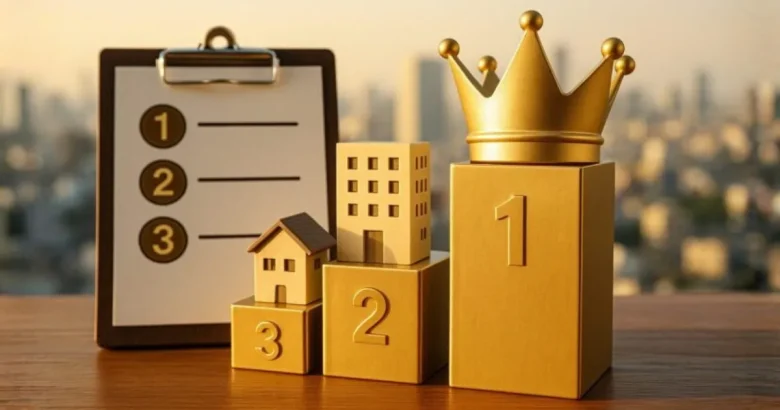 ブロックの上に王冠等が置かれている。１．２．３と書かれたバインダー