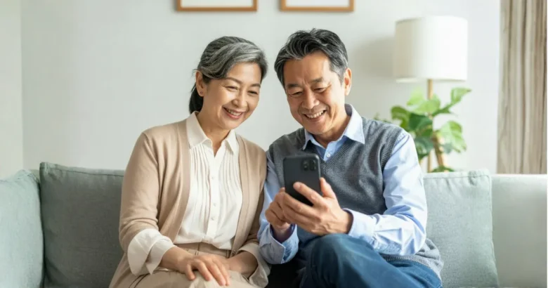 夫婦がリビングのソファに座って、明るい表情で、一緒に携帯電話を見ている。