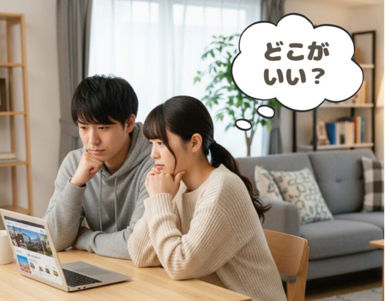 パソコンを見ながら不動産一括査定を検討する夫婦。どこがいい　というテキスト